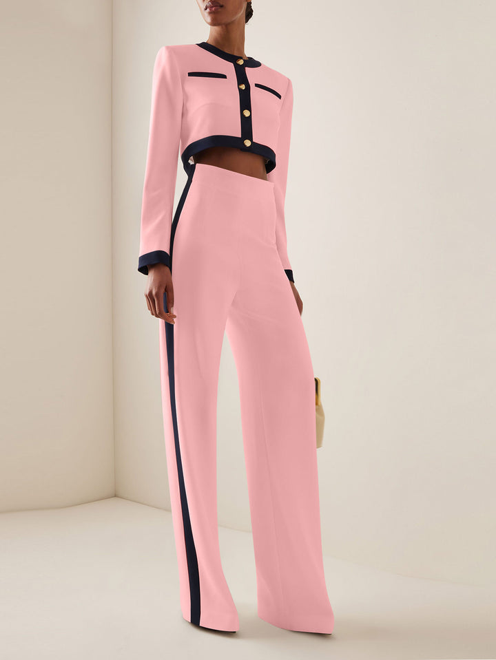 Damen Kurzgeschnittenes Cropped-Tailoring-Set mit Kontrastpaspel und High‑Waist Palazzo-Hose – Avélisse