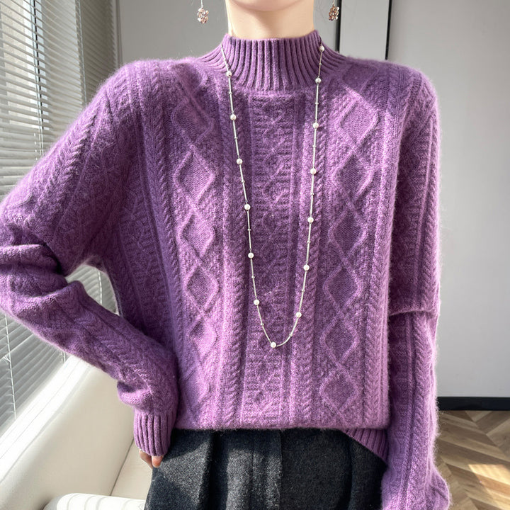 Damen Kuscheliger Mohair‑Optik Mockneckpullover mit Rautenzopfstruktur und kastiger Silhouette Echoarchiv