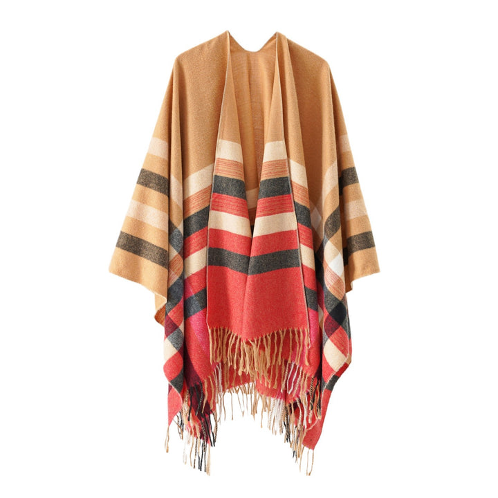 Damen Grobgewebte Cape‑Ruana im Oversize mit verlaufendem Karomuster und Fransensaum Echo Archiv