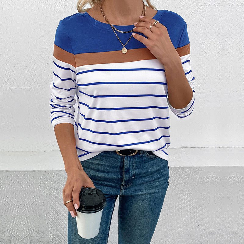 Damen Gestreiftes Langarmshirt mit Colorblock-Detail und Rundhalsausschnitt Echoarchiv