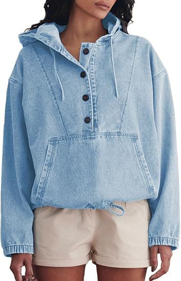 Damen Denim-Hoodie mit halber Knopfleiste, Kängurutasche und Tunnelzugsaum Echo Archiv