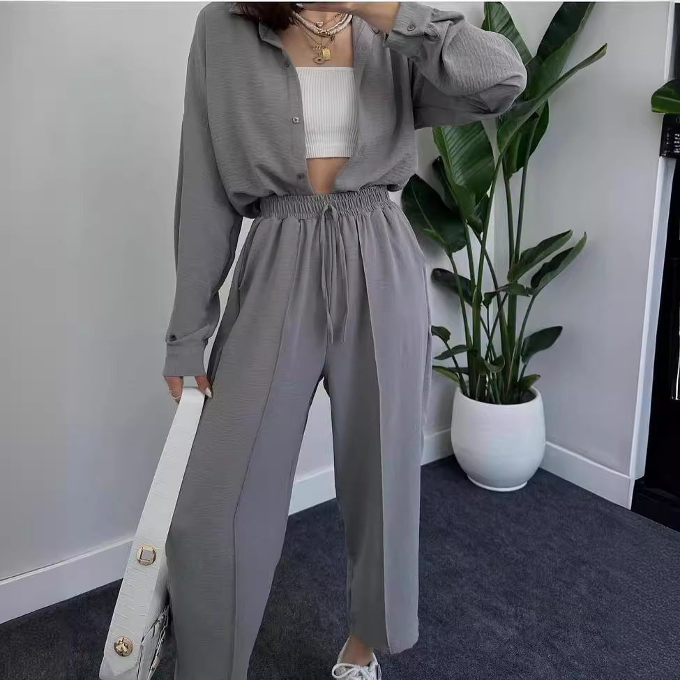 Damen Lässiges zweiteiliges Lounge-Set aus Crêpe mit Oversize-Hemd und hohem Elastikbund Echoarchiv