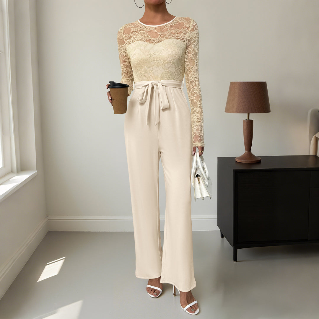 Damen Eleganter Jumpsuit mit transparentem Spitzentop, taillenbetonter Bindeschärpe & weitem Palazzo‑Bein Echoarchiv