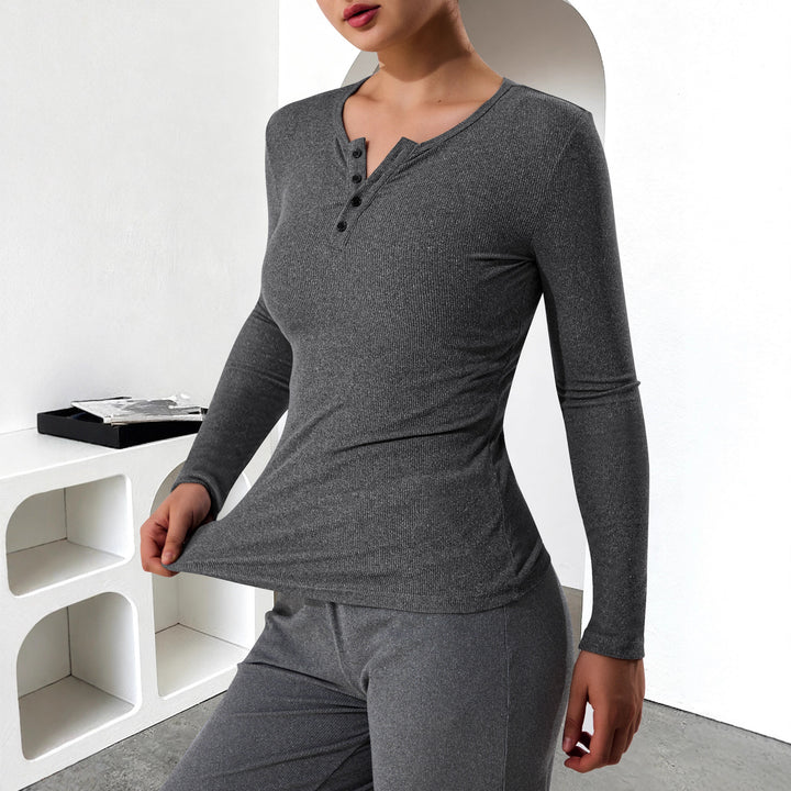 Damen Geripptes Henley-Langarmshirt mit Knopfleiste und figurnahem Schnitt echoarchiv-