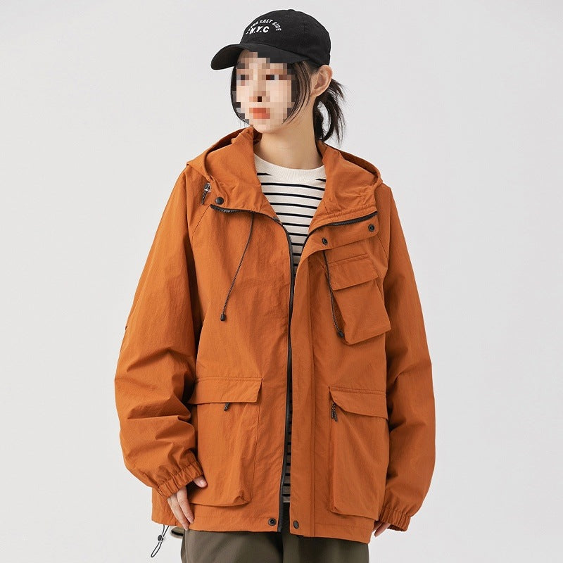 Damen Oversize Utility-Übergangsjacke mit Kapuze, Mehrfach-Taschen & Kordelzug Echoarchiv