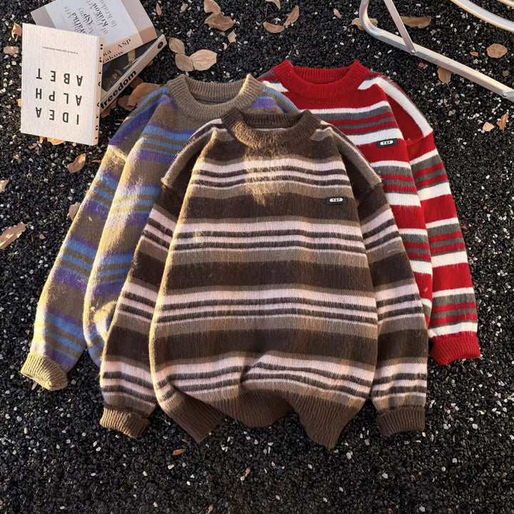 Unisex Gestreifter Oversize-Mohair‑Optik Pullover mit Rundhals und weicher Struktur Echoarchiv