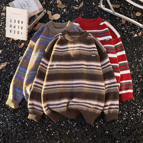 Unisex Gestreifter Oversize-Mohair‑Optik Pullover mit Rundhals und weicher Struktur Echoarchiv