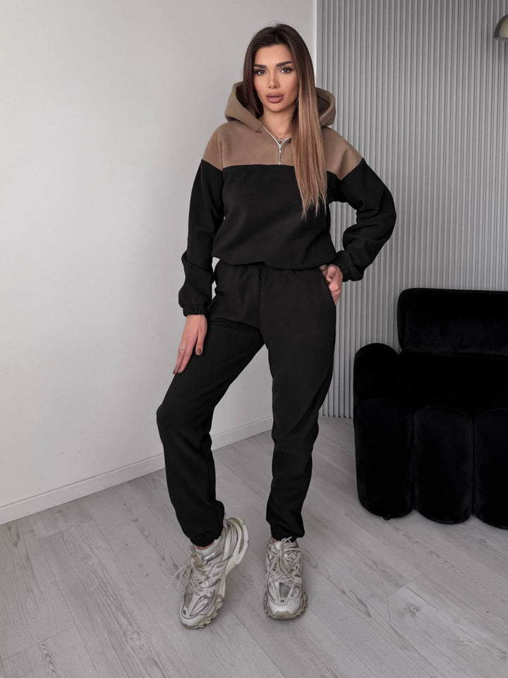 Damen Zweiteiliges Farbblock-Loungewear-Set mit halbem Reißverschluss und schmaler Jogginghose – Avérine
