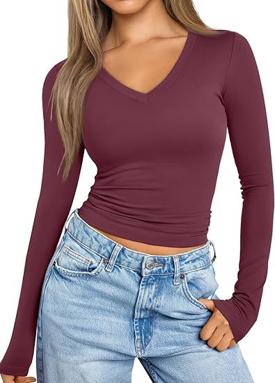 Damen Figurnahes Langarm-Cropped-Shirt mit V-Ausschnitt und elastischem Taillenbund Echo Archiv
