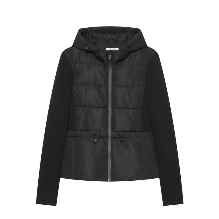 Damen Kurzjacke im Materialmix mit gesteppter Front, Kapuze und taillierendem Tunnelzug Echoarchiv