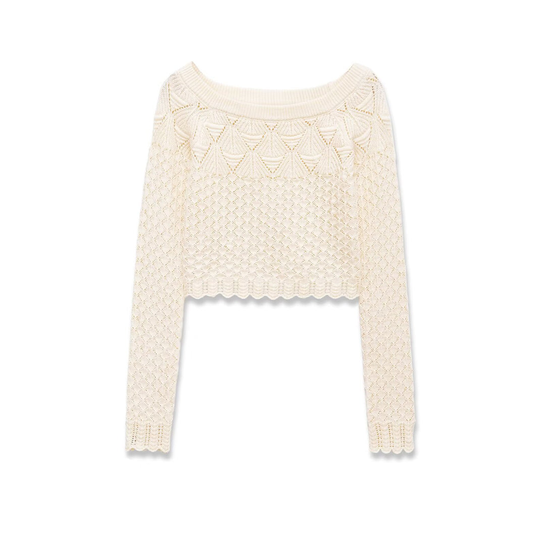 Damen Gestricktes Cropped-Feinstrickoberteil mit Lochmuster und U-Boot-Ausschnitt Echoarchiv