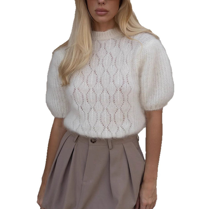 Damen Flauschiger Kurzgeschnittener Mohair-Mix Pullover mit Kurzärmeln und Stehkragen Echoarchiv