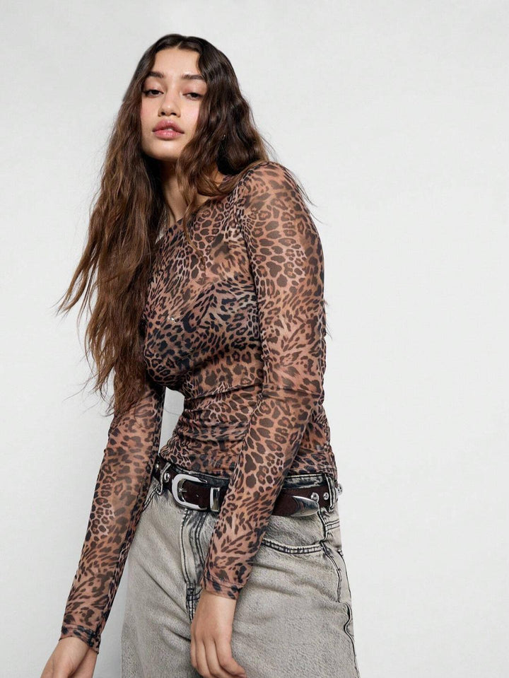 Damen nan figurnahes Netz-Longsleeve mit Leopardenmuster und seitlicher Raffung Echo Archiv