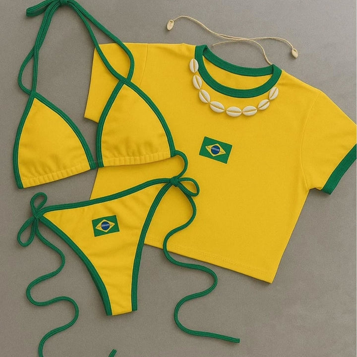 Damen Bikini-Set mit sportlichem Crop-Top und trendigem Brasilien-Flaggen-Design Echo Archiv