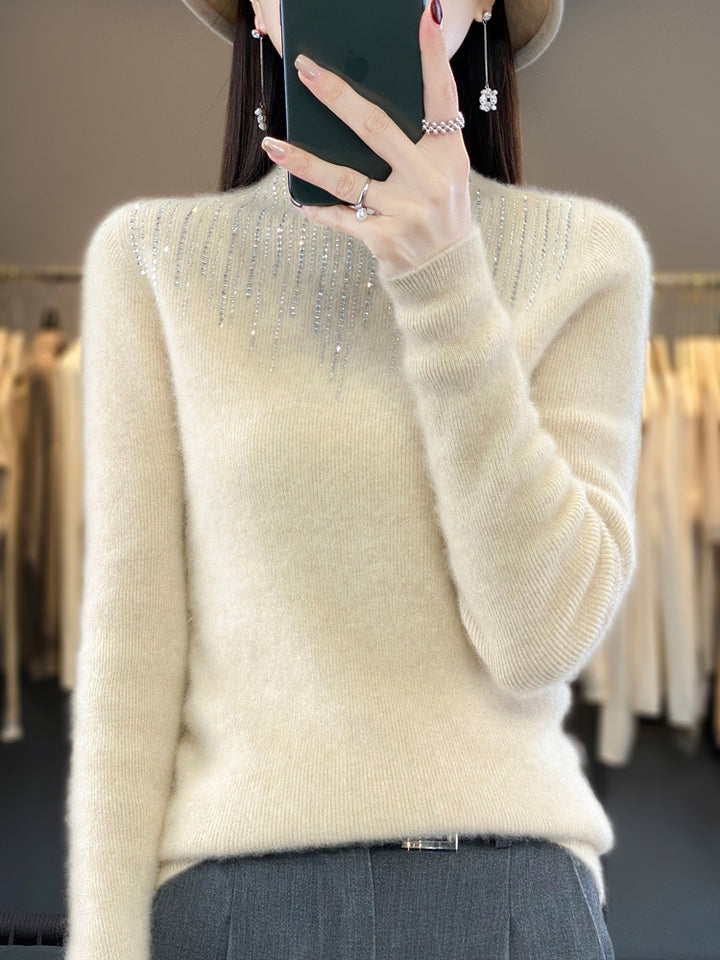 Damen Kaschmir‑Optik Mockneck-Pullover mit funkelnder Strasskaskade Echoarchiv