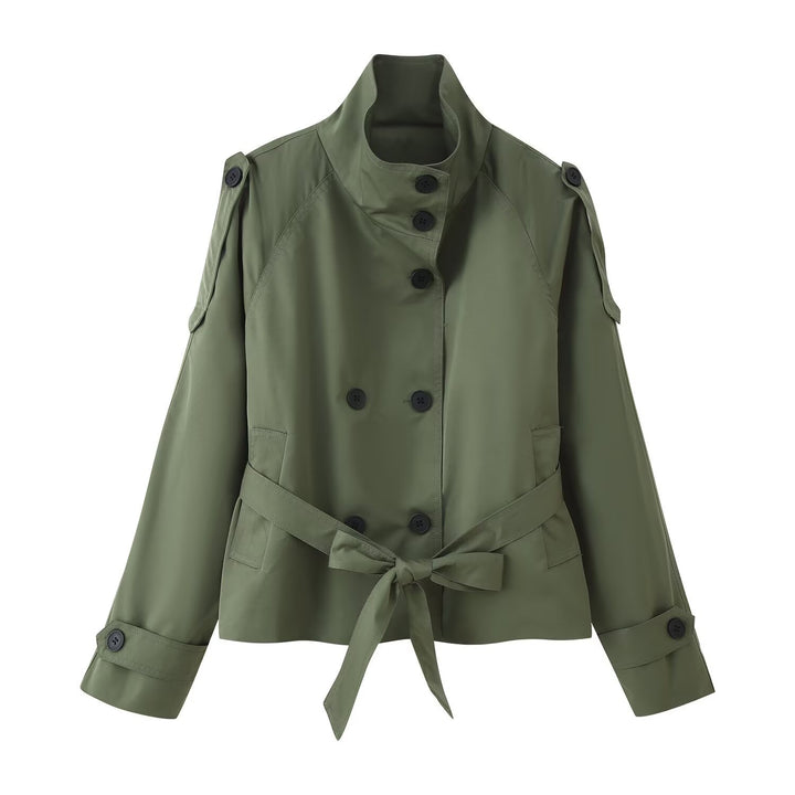 Damen 400+ kurzer taillierter Trenchblouson mit Stehkragen, doppelreihiger Knopfleiste und Bindegürtel Echo Archiv