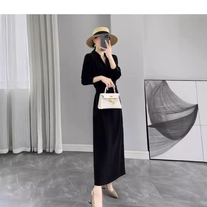 Damen Langärmliges Wickel‑Maxikleid mit Taillengürtel und V‑Ausschnitt Echoarchiv
