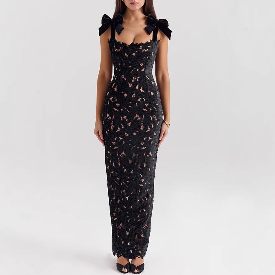 Damen nan figurbetontes bodenlanges Spitzenabendkleid in Säulenform mit Zierschleifen-Trägern Echo Archiv