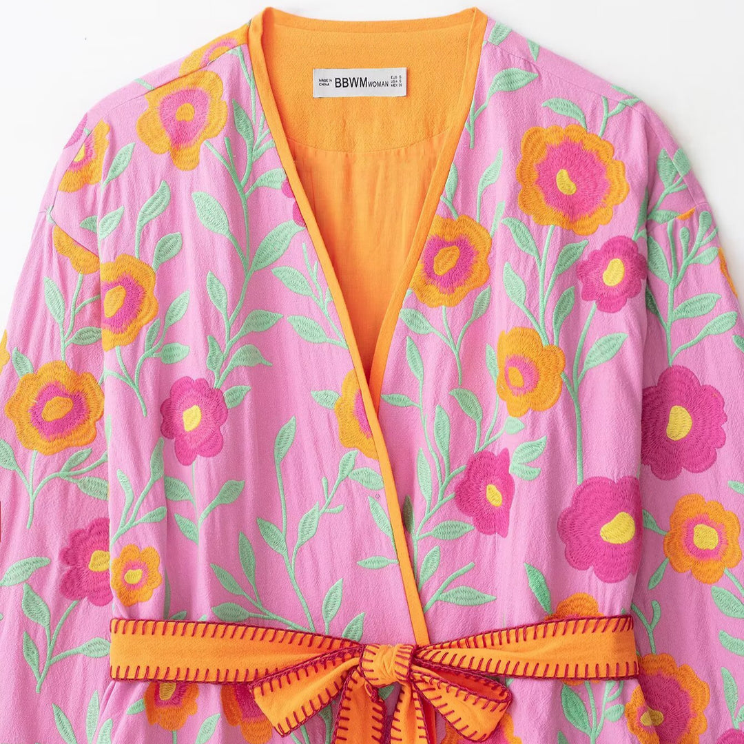 Damen Bestickte Kimono-Jacke mit Taillenbindegürtel und floraler Stickerei Echoarchiv