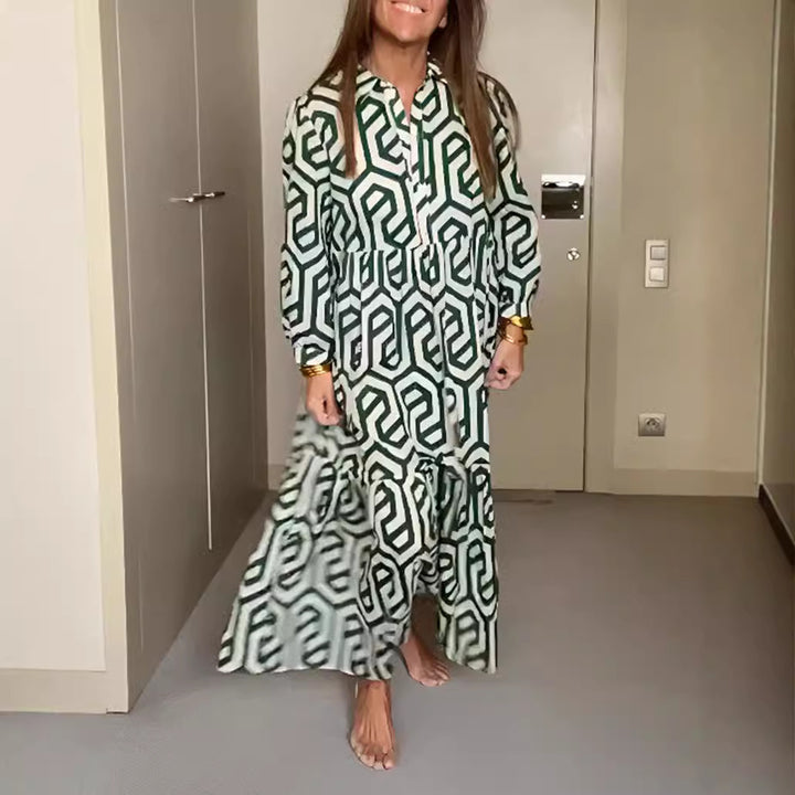 Damen nan langes Hemdkragen-Stufenkleid mit geometrischem Alloverprint und geraffter Taillenpasse Echo Archiv