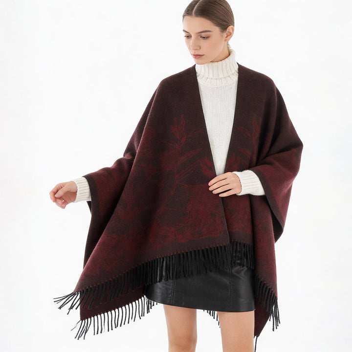 Damen V‑Ausschnitt Cape‑Poncho mit floralem Jacquard und Fransensaum Echo Archiv