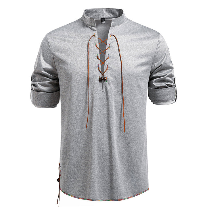 Herren Lässiges Baumwoll-Langarmshirt mit Schnürung, Stehkragen und aufkrempelbaren Ärmeln Echo Archiv