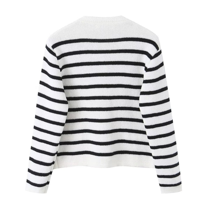 Damen Gestreifte Feinstrick‑Cardigan mit Rundhalsausschnitt, aufgesetzten Taschen und Zierknöpfen Echo Archiv