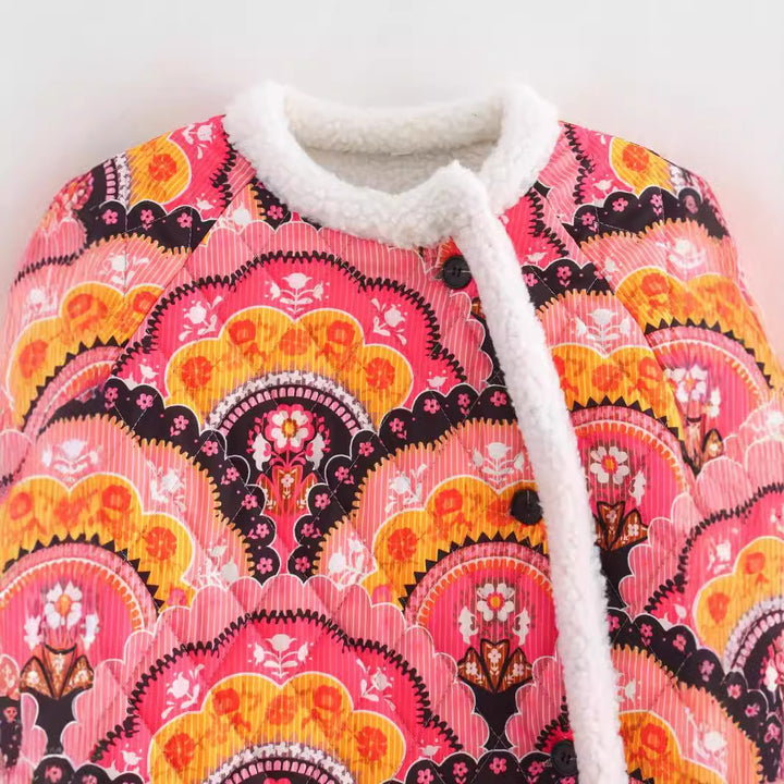Damen gesteppte Kurzjacke mit Teddyfutter, Rundhalsausschnitt und Druckknopfverschluss – Célinea