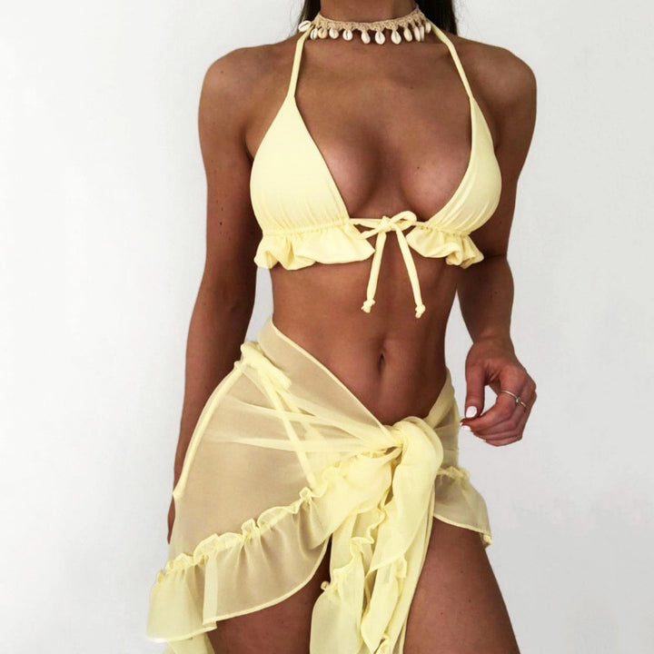 Damen Bikini-Set mit rüschenverziertem Oberteil und transparentem Wickelrock Echo Archiv