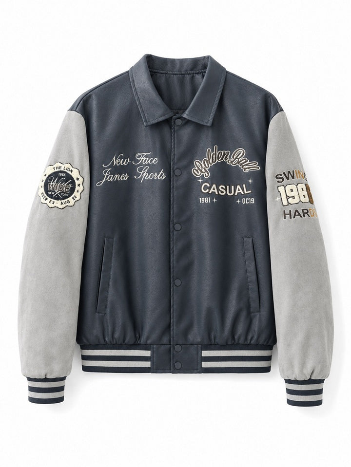 Herren Varsity-Bomberjacke im College-Stil mit Kunstleder-Körper, Veloursleder-Optikärmeln und bestickten Patches Echo Archiv