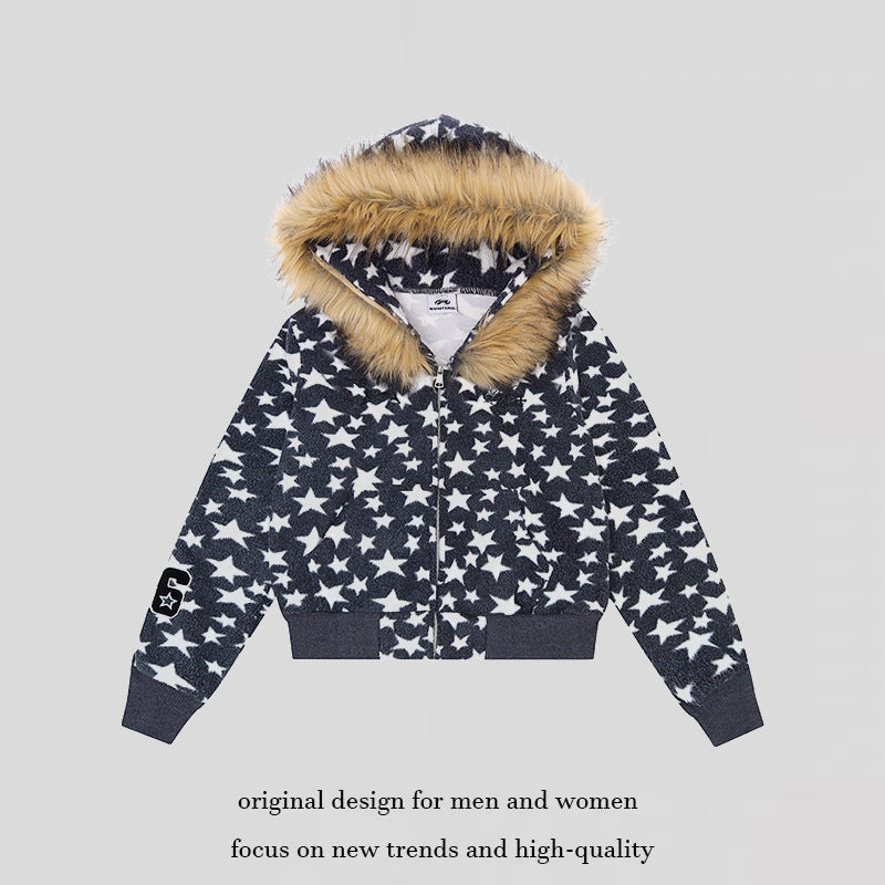 Damen Kapuzen-Sherpajacke mit Sternenprint, Reißverschluss und Kunstpelzbesatz Echoarchiv