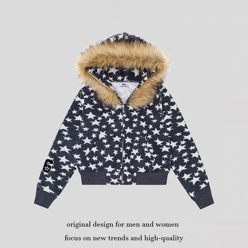 Damen Kapuzen-Sherpajacke mit Sternenprint, Reißverschluss und Kunstpelzbesatz Echoarchiv