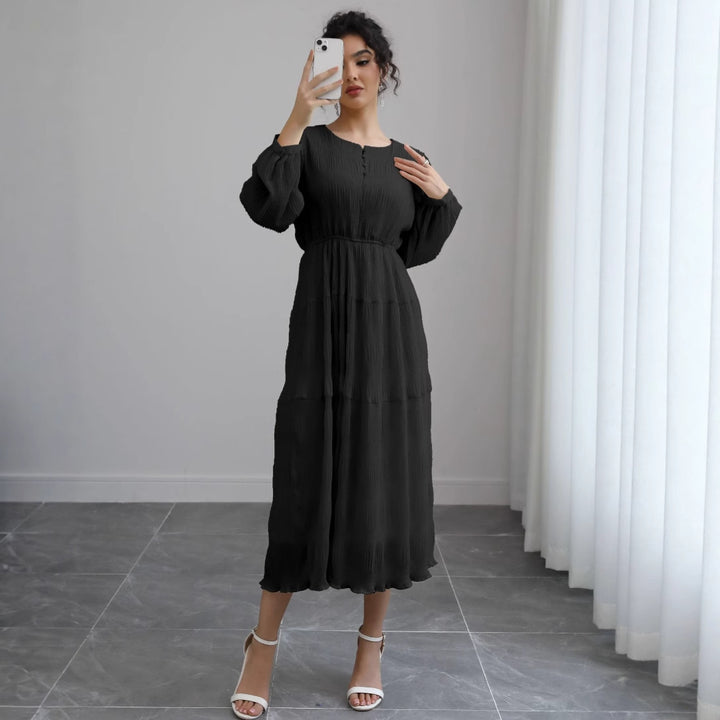 Damen Midikleid aus Crêpe mit Stufenrock, geraffter Taille und Ballonärmeln – Élara