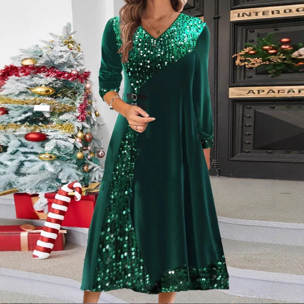 Damen nan festliches Pailletten-Panel-Maxikleid mit V-Ausschnitt langen Ärmeln und dekorativen Taillengurten Echo Archiv