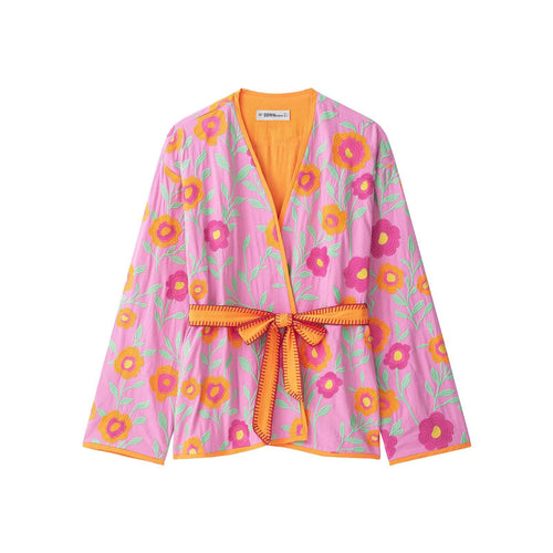 Damen Bestickter Kurzkimono aus Baumwollmischung mit Bindegürtel und V-Ausschnitt Echo Archiv