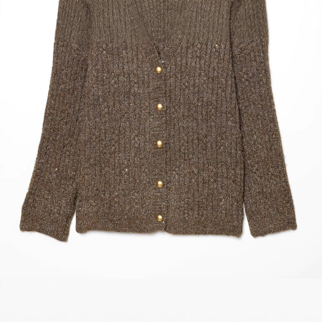 Damen Grobgestrickter V‑Neck Cardigan mit Perlmuttknöpfen und melierter Tweedoptik Echo Archiv