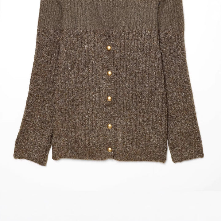 Damen Grobgestrickter V‑Neck Cardigan mit Perlmuttknöpfen und melierter Tweedoptik Echo Archiv