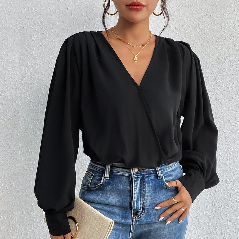 Damen Leichte Wickelbluse mit V-Ausschnitt, gerafften Schultern & Ballonärmeln Echoarchiv