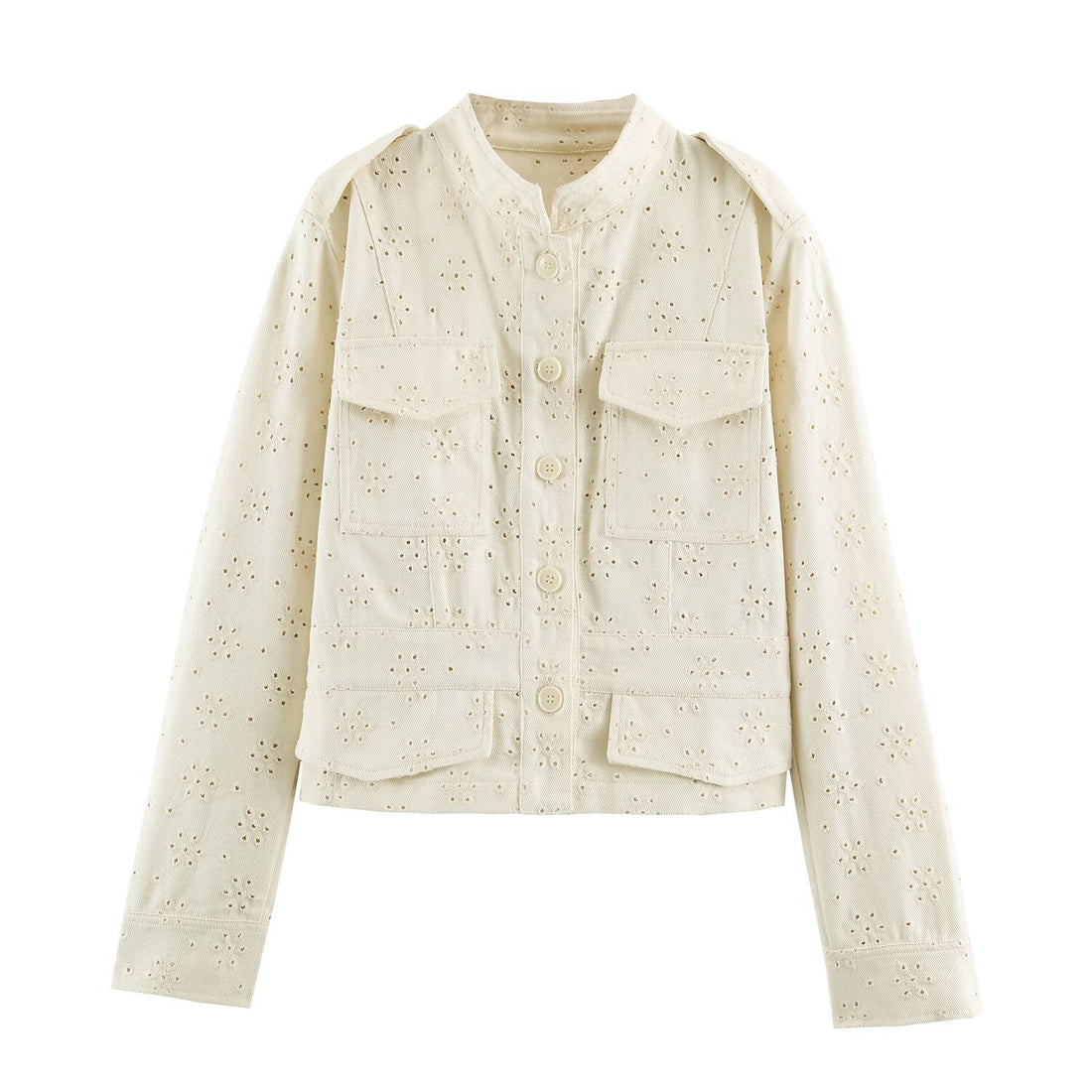 Damen Kurzjacke aus Broderie-Anglaise mit Stehkragen und aufgesetzten Taschen Echoarchiv