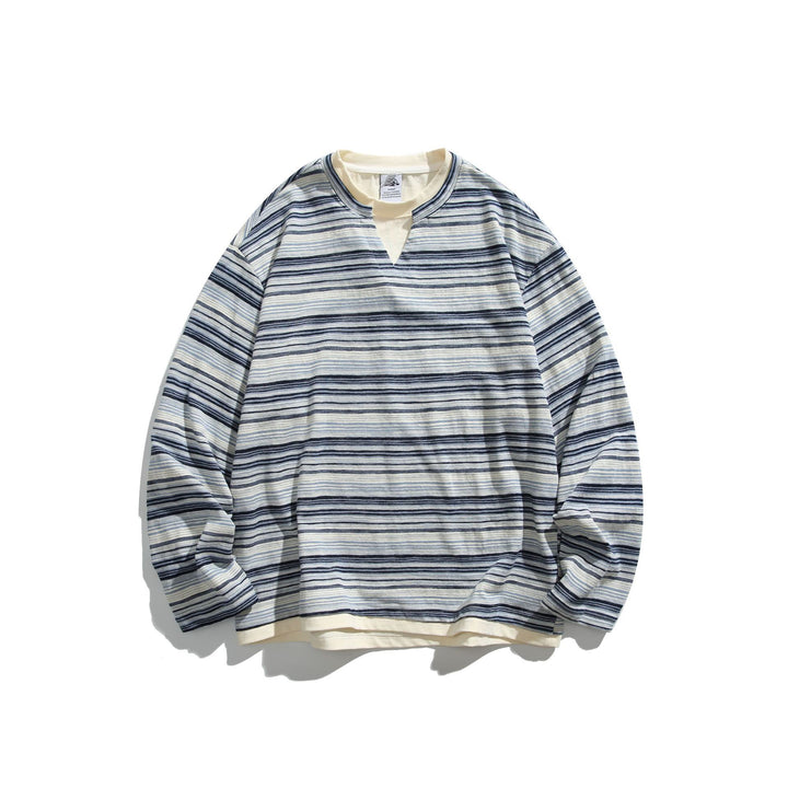 Unisex Gestreiftes Langarmshirt mit V-Notch und Lagen-Effekt Echoarchiv