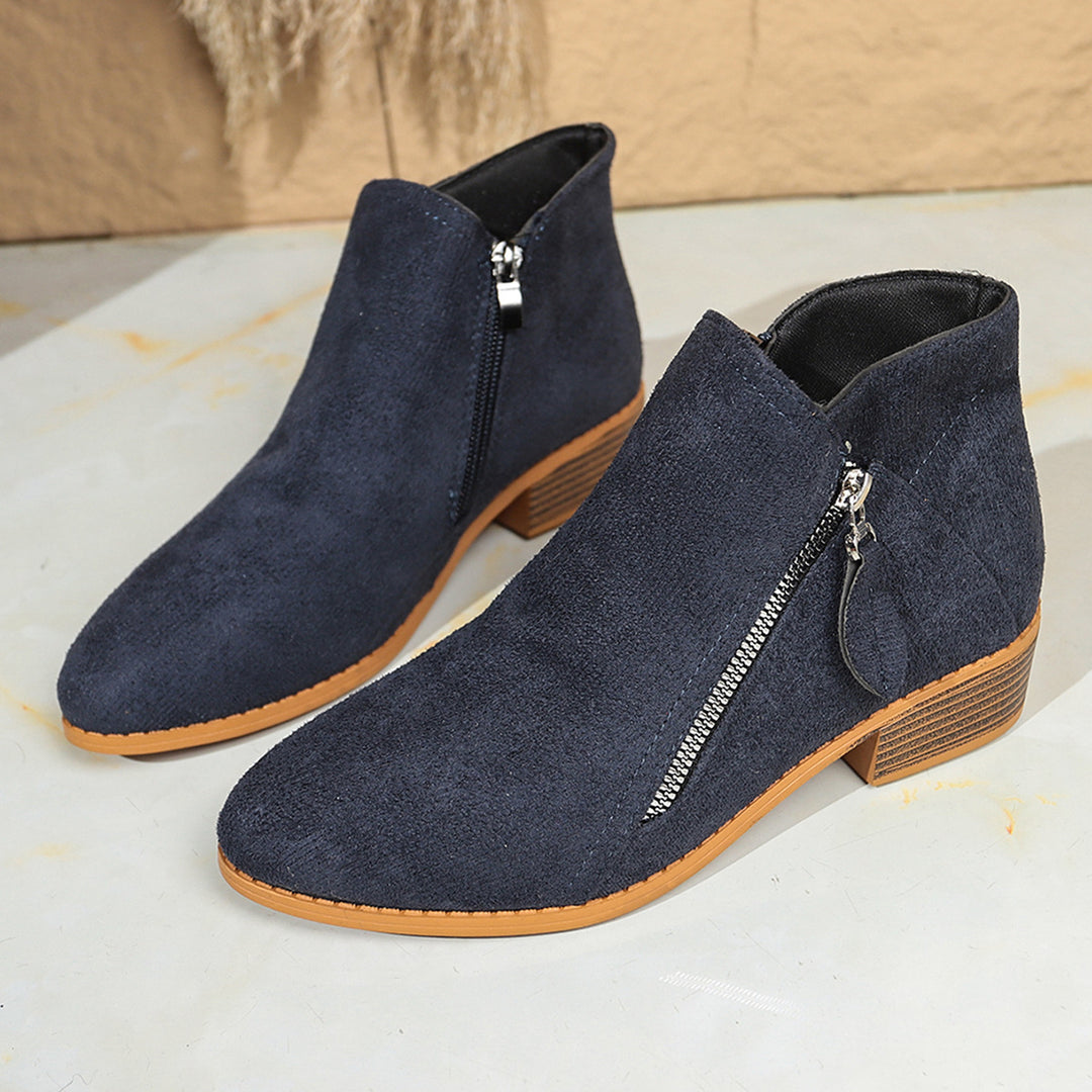 Damen Moderne Kurzschaft-Stiefelette mit sichtbarem Metallreißverschluss und niedriger Holzoptik-Blocksohle – Varelle