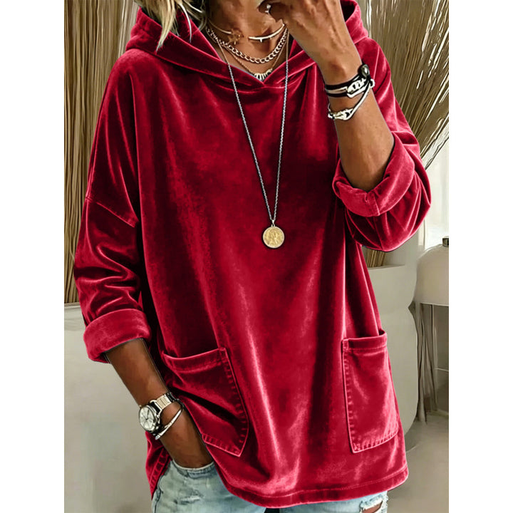 Damen Samt-Hoodie mit Kapuze, Oversize-Schnitt und aufgesetzten Taschen – Auréline