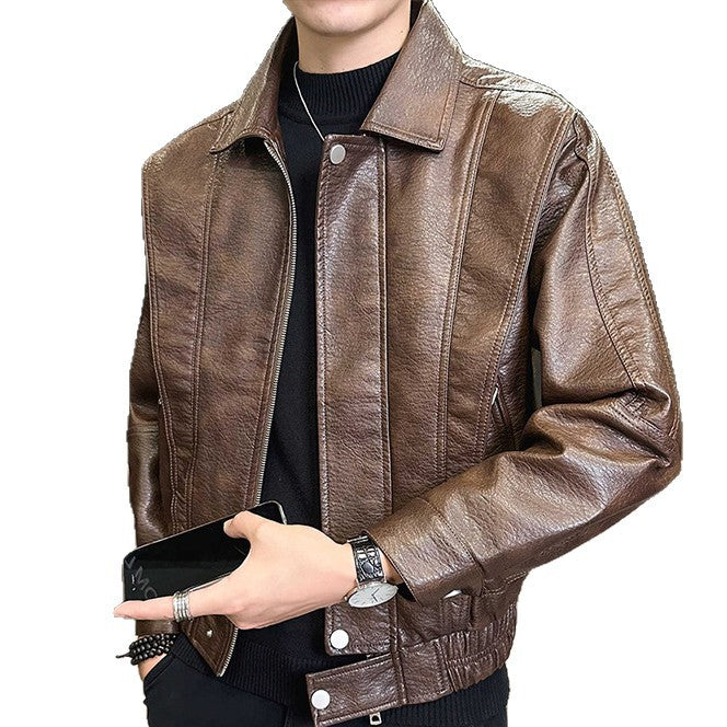 Herren Kurzer Oversized Lederimitat-Blouson mit Stehkragen, Reißverschluss und elastischem Saum Echoarchiv