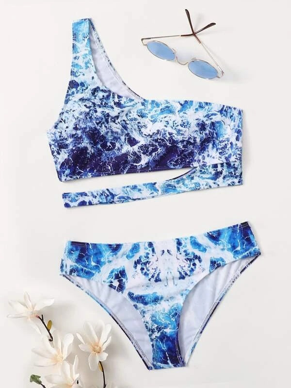 Damen Sport-Bikini mit asymmetrischem Schnitt und modischem Wasser-Motiv Echo Archiv