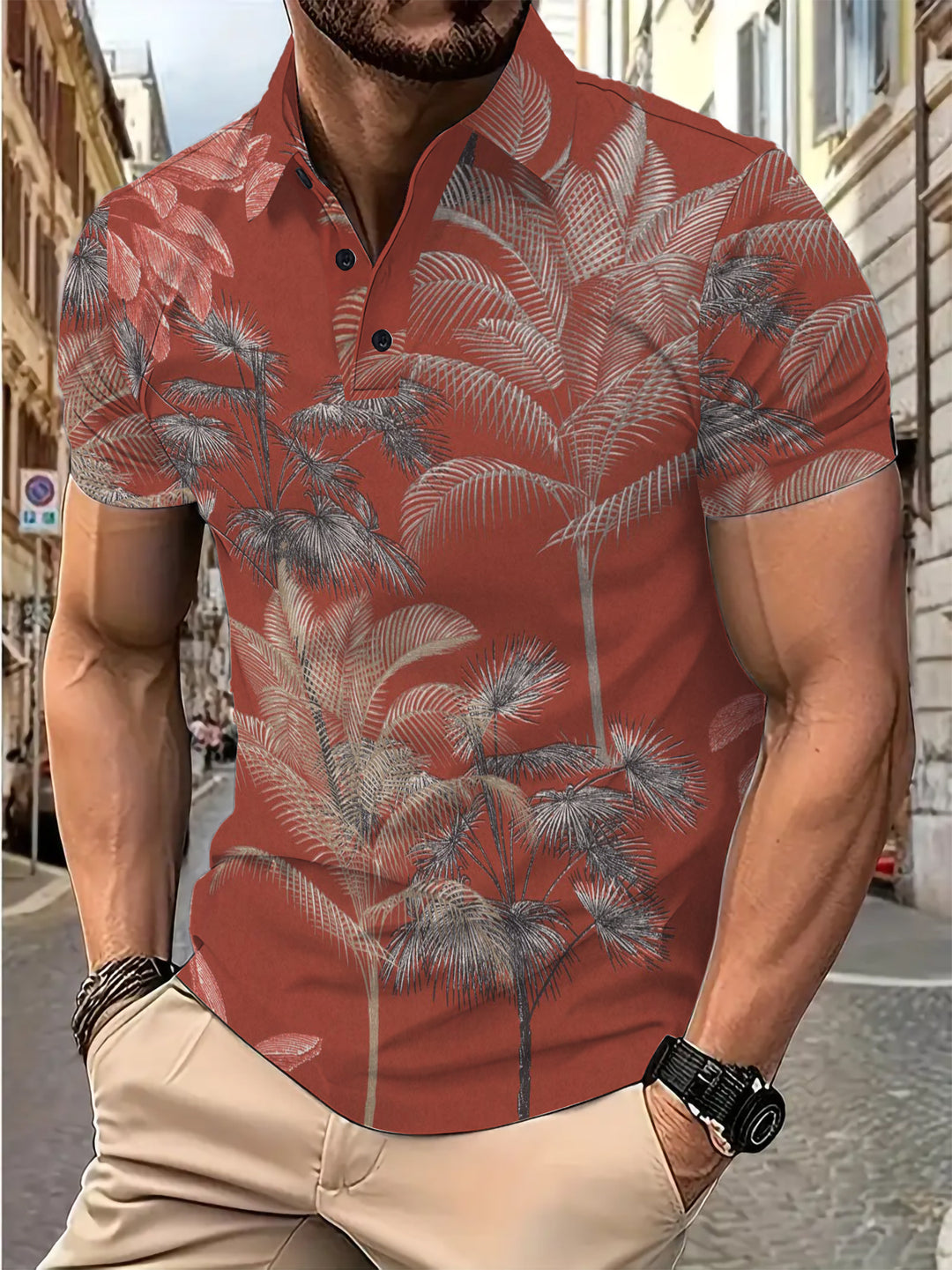 Herren Freizeit Poloshirt mit tropischem Palmendruck Echoarchiv