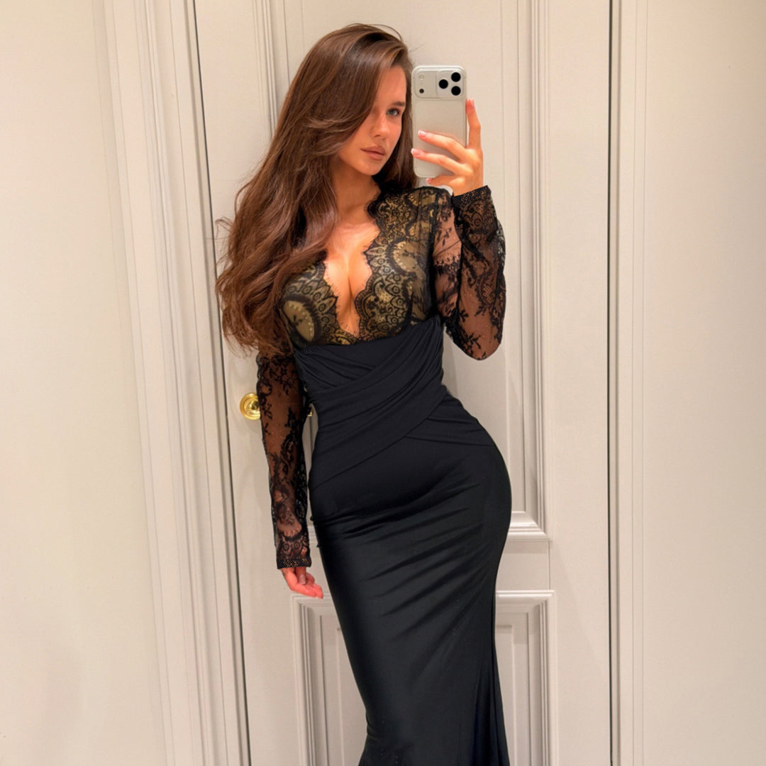 Damen elegantes Abendkleid mit Spitzeneinsätzen und raffiniertem Wickeldesign Echo Archiv