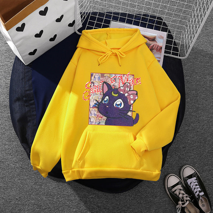 Damen Oversize-Kapuzenpullover mit glitzerndem Anime-Katzen-Motiv, Kängurutasche und weichem Fleece-Innenfutter – Auréline