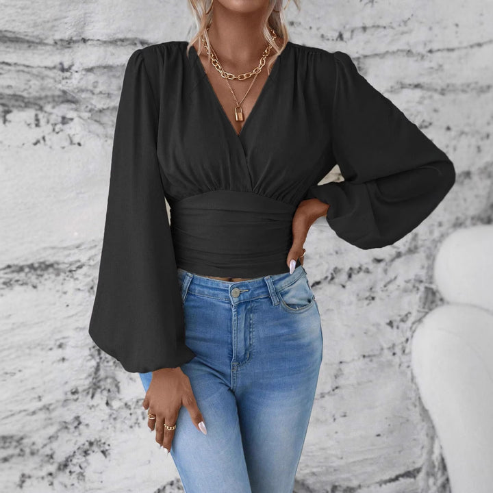 Damen Wickel-Cropped-Top mit geraffter Taillenpartie und weiten Ballonärmeln Echo Archiv