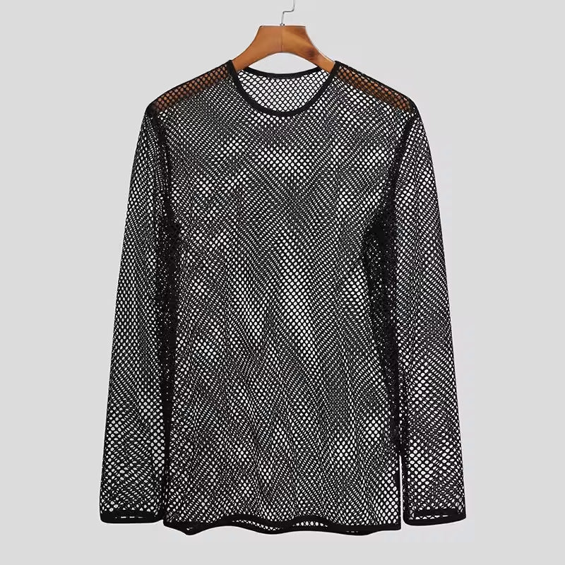 Unisex nan durchscheinendes Diamantnetz-Langarmshirt mit Rundhalsausschnitt Echo Archiv