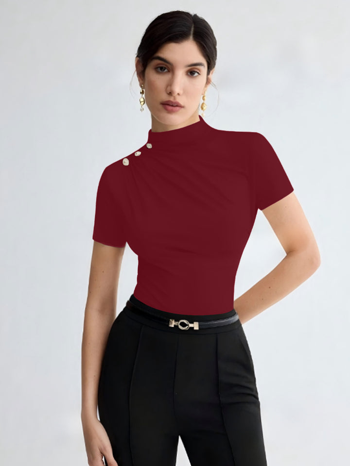 Damen elegantes Oberteil mit dekorativen Knopfdetails und modernem Stehkragen Echo Archiv
